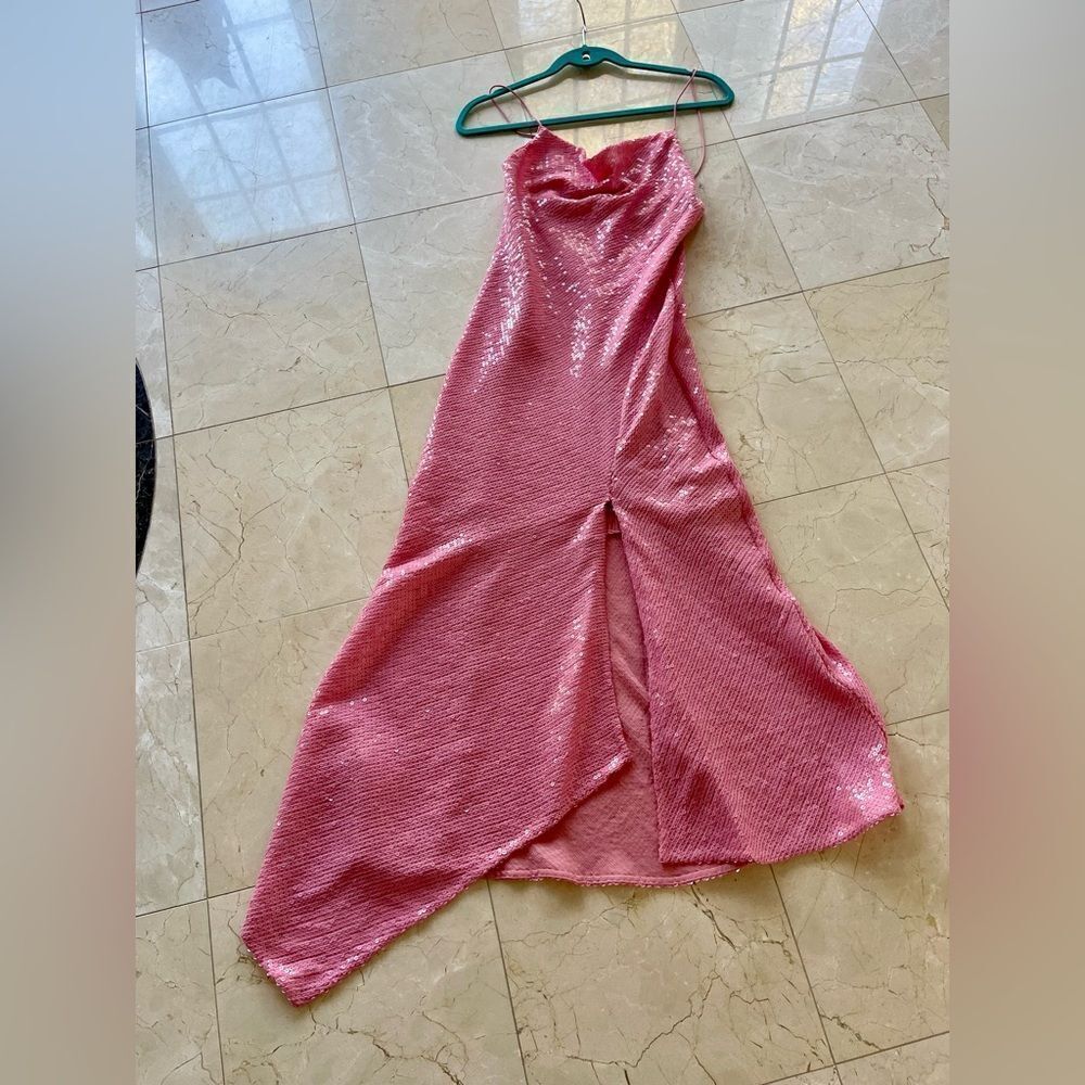 Pink Sequin Cowl Neck Dress - Picture 2 of 7